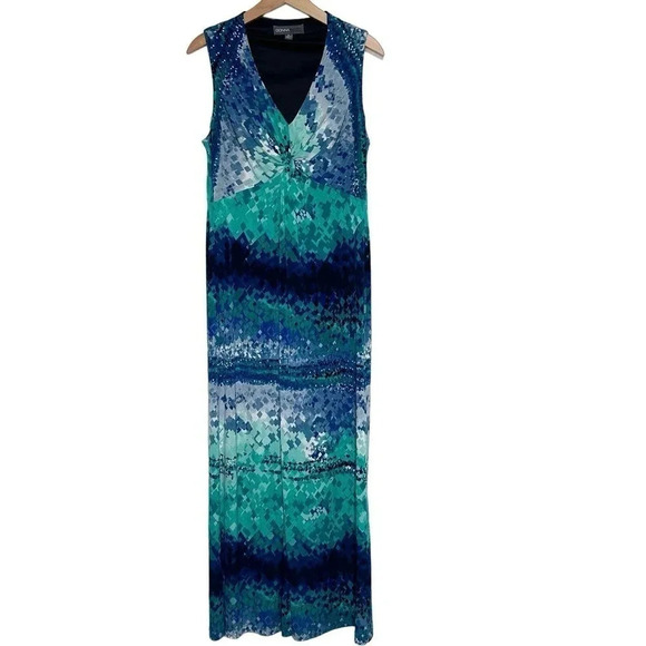 Donna Ricco 14 blue green abstract print sleeveless v-neck maxi dress - Picture 3 of 8